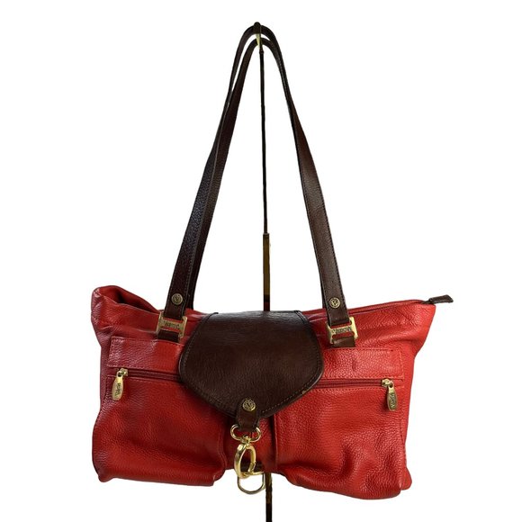 VALENTINA Double Strap Soft Red Brown Leather Zipper Pouch Pockets Gold Hardware - Picture 1 of 16